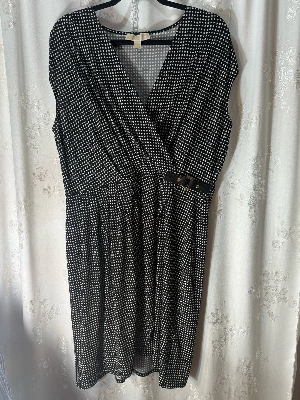 Michael Kors Black and White Checker Midi Wrap Dress